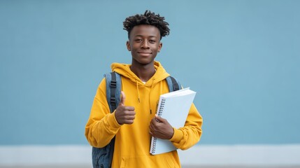 Happy middle schooler with backpack and textbook