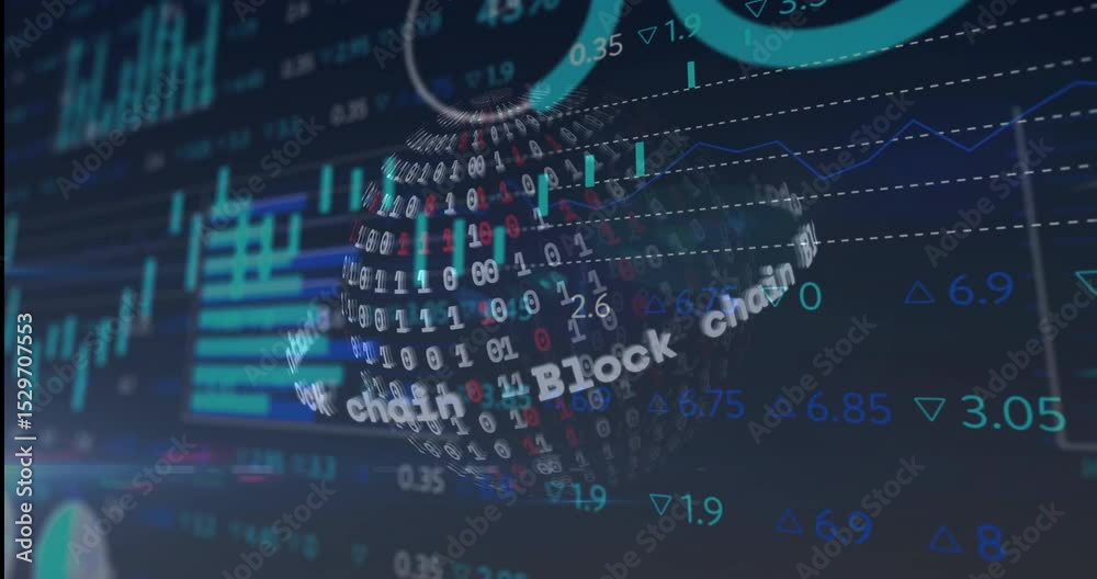 Poster streaming financial data initiating 3d binary globe rotation with charts showing blockchain flow