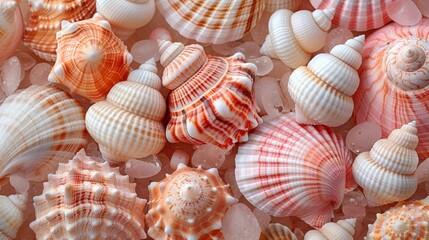 Obraz premium A close-up view of various seashells nestled on a sandy surface, showcasing the intricate details and colors of marine life, evoking feelings of beach tranquility and nostalgia.
