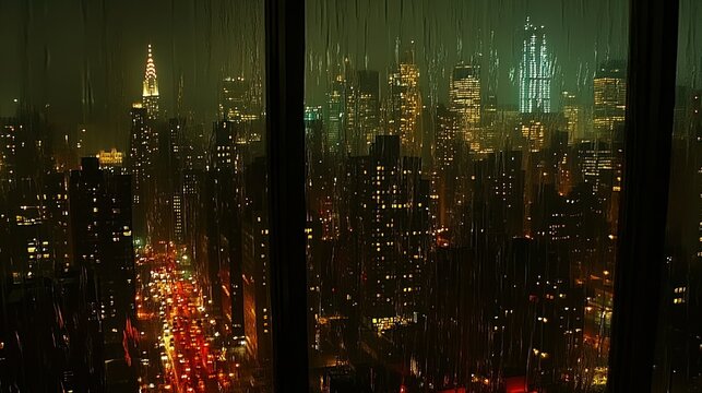 Rainy city lights through window