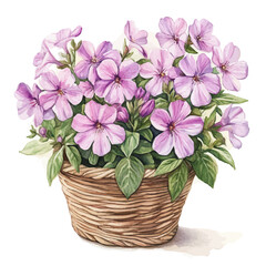 A Saponaria Flower Basket, watercolor drawing vector, high quality, isolated on a white background.