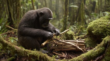 Naklejka premium Chimpanzee Using Tools in a Lush Forest Habitat Surrounded by