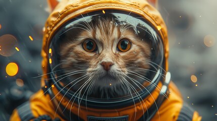 A charming ginger cat dons a colorful astronaut suit, evoking curiosity and adventure in an imaginative scenario where animals explore outer space amidst the stars.