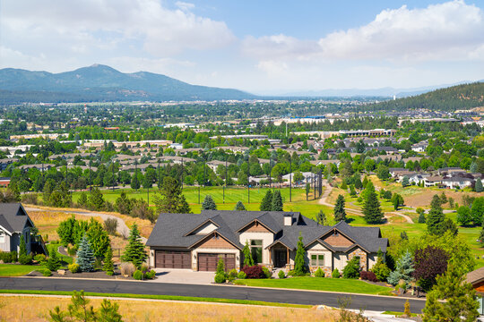 View of the Trailhead Golf Course, Mt Spokane and the state of Idaho from a high end subdivision in the suburban city of Liberty Lake, near Spokane Washington.