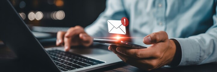 Person using a laptop and mobile phone, checking email notification.