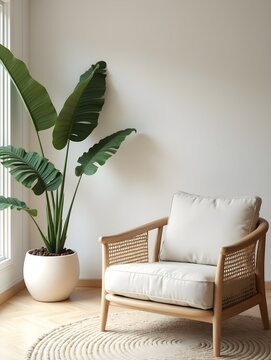 Large sagopalm adds a touch of nature to a minimalist living space in bright interior design