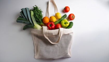 fresh vegetables arranged in a reusable tote bag featuring a variety of colors and textures against a white background suitable for various creative projects