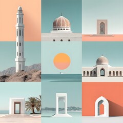 Abstract collage with middle eastern architectural elements, tower, dome, gates, sea, sun