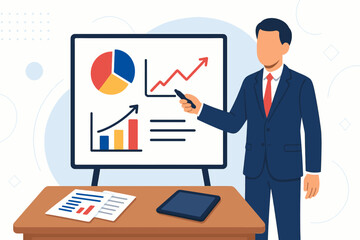 CEO presenting data on whiteboard modern flat vector illustration for leadership training and startup pitch