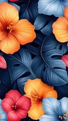 Vibrant hibiscus flowers and tropical leaves