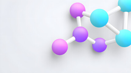 Molecular structure in pastel tones, featuring blue and purple spheres connected by white rods, isolated on white background, representing science and chemistry concepts