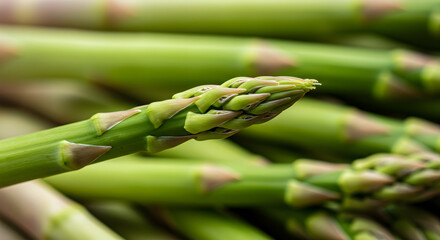 Close-up of fresh green asparagus spears, highlighting detailed tips and vibrant color, healthy organic vegetable, raw produce, nutritious food, farm-fresh, food photography, natural, vegetarian, vega