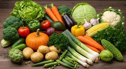 Assorted fresh vegetables including pumpkin, carrots, broccoli, cauliflower, bell peppers, eggplant, tomatoes, onions, corn, potatoes, artichoke, and leafy greens on wooden surface
