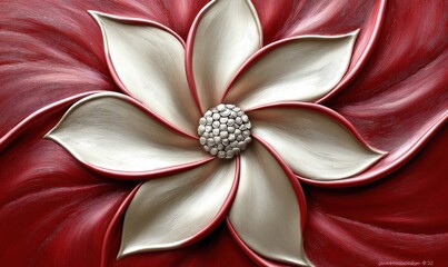 Intricate, stylized flower with off-white petals and a textured center, set against a swirling red background.  The image appears to be a 3D rendering or a photograph of a bas-relief sculpture