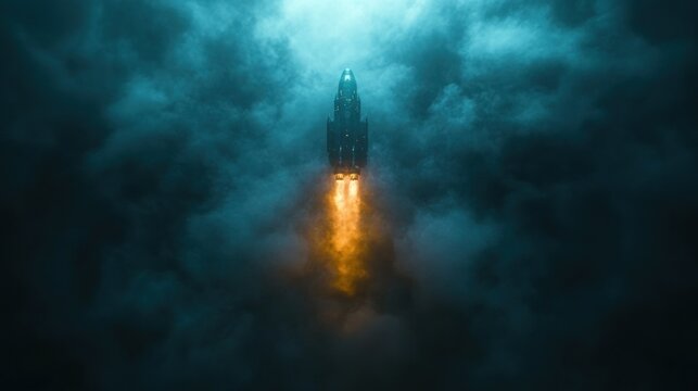 Dark, stormy skies witness a rocket's fiery ascent