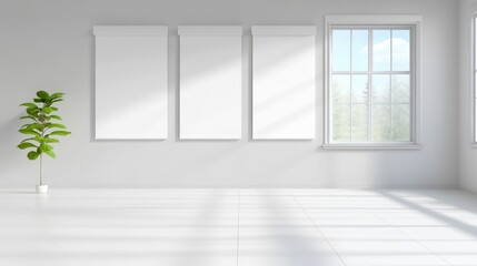 Fototapeta premium Minimalist White Room Interior Design with Three Blank Canvases, a Potted Plant, and Sunlight Streaming Through a Window