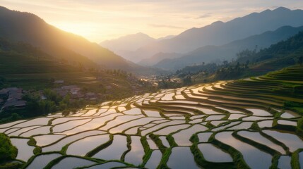A serene landscape showcasing terraced rice fields glistening at sunset, surrounded by majestic mountains, Ideal for travel articles, nature blogs, or agricultural projects,