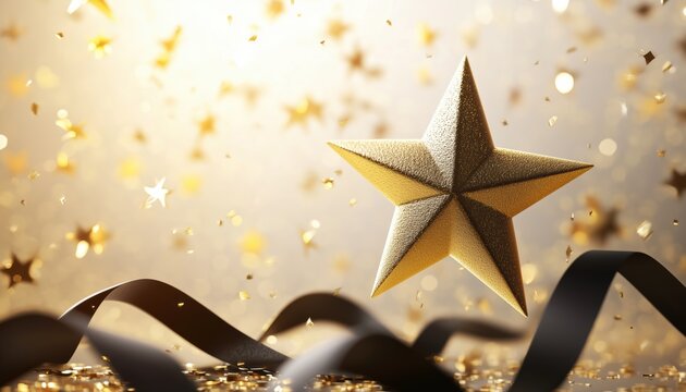Luxurious Award Ceremony Featuring Gold Star And Black Ribbon Accents, Sunlight Streaming Through Back Window With Bokeh Decorations.