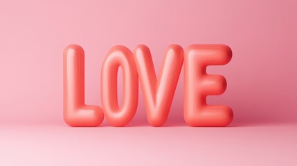 Bright and playful 3D text spelling LOVE in a soft coral hue, set against a matching pink backdrop, Ideal for romantic themes, weddings, or social media posts celebrating affection,