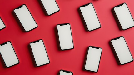 A collection of smartphones with blank screens arranged on a vibrant red background, perfect for showcasing app designs, tech innovations, or advertising campaigns