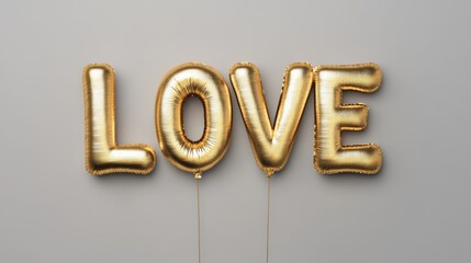 A set of shiny gold foil balloons spelling LOVE against a neutral background, perfect for romantic promotions, wedding decorations, or Valentine's Day celebrations,