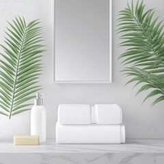 A serene bathroom scene featuring neatly stacked white towels, a pump bottle and a bar of soap, framed by lush green palm leaves and a mirror, Ideal for wellness, spa, or home decor concepts,