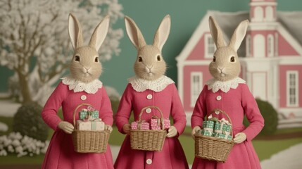 Three charming rabbits dressed in pink attire hold festive baskets filled with gifts, set against a whimsical backdrop of a pastel house, Ideal for springtime themes, celebrations