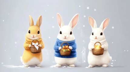 Three cute rabbits in cozy sweaters hold baskets in a snowy setting, perfect for seasonal promotions, children's books, or holiday-themed designs,