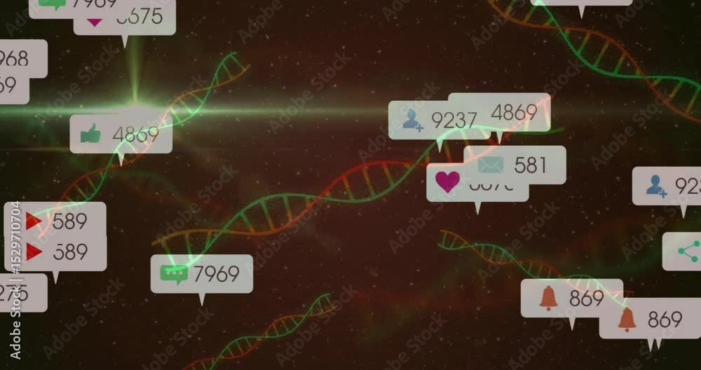 Poster starting dark red helix backdrop, metric icons sliding and clustering to visualize social data flow