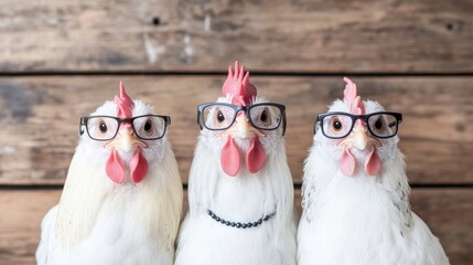 Three chickens wearing glasses stand against a rustic wooden background, adding a humorous touch, This image can be used for projects related to humor, farm life, or quirky poultry themes,