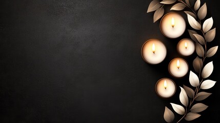 A serene arrangement of glowing candles surrounded by delicate leaves on a dark textured background, perfect for promoting relaxation, ambiance, or as a motif for wellness themes,