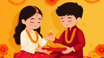 A colorful illustration of two children celebrating a festival, exchanging a ceremonial lamp and decorated with floral garlands