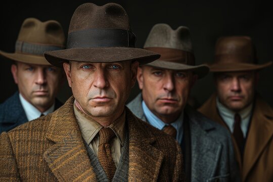 Four sharply dressed men in vintage-style outfits stand confidently, highlighting a classic fashion sense with fedoras and tailored coats exuding an air of sophistication.