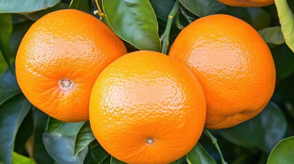 Vibrant oranges hanging on a lush green branch, showcasing their bright color and texture, ideal for healthy eating blogs, recipes, or agricultural education materials,