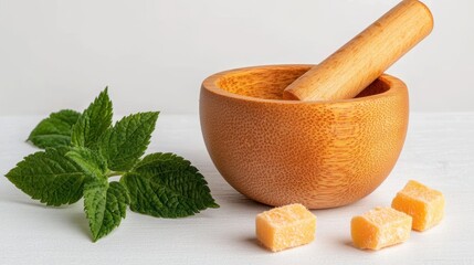 A wooden mortar and pestle sit beside fresh mint leaves and yellow candy pieces, This image can be utilized for culinary, herbal remedy, or natural health-related content,