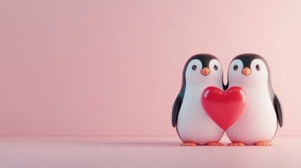 Two cute cartoon penguins holding a red heart against a soft pink background, perfect for Valentine's Day or love-themed projects, greeting cards, or children's decor,