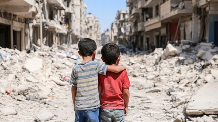 Two young boys embrace as they stand in a devastated urban landscape filled with debris and destruction, representing themes of war, resilience, and childhood amidst crisis