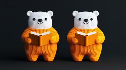 Two cute, plush bear figures in cozy orange outfits are holding open books, set against a dark background, This whimsical image can be used for children's book promotions, educational materials