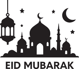 Eid Mubarak Celebrating Islamic Culture with Festive Lanterns, Mosques, and Stars - Vector Illustration
