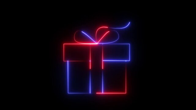 Glowing gift box icon. Neon line gift box moving on black background. Present or sale sign. Birthday shopping symbol. Gift box icon animation .