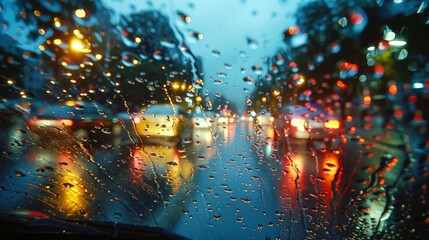 Obraz premium Raindrops cling to a glass surface, blurring the view of colorful lights and vehicles outside, creating a moody atmosphere that evokes feelings of tranquility and reflection.