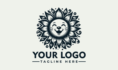 Happy lion illustration with a mane made of stylized leaves in black and white. Nature and animal concept