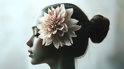 Girl Profile with Beige Flower in Her Dark Hair
