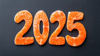 Colorful salmon fillets shaped as the numbers 2025 create a vibrant display, perfect for marketing materials related to food trends, culinary events, or New Year celebrations,