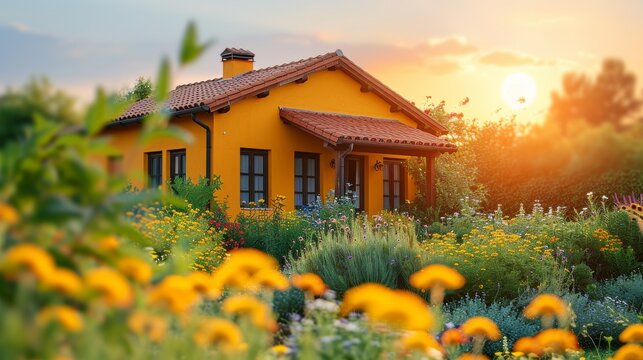 A picturesque yellow house nestled amidst a vibrant garden, showcasing colorful flowers and greenery, symbolizing warmth, tranquility, and the beauty of nature at sunset.