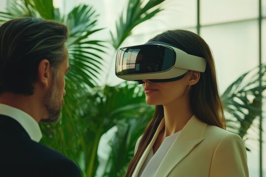 A woman wearing a VR headset experiences immersive technology, while a man observes nearby in a lush green setting.
