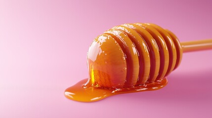Studio image of a honey dipper with dripping honey isolated on a seamless pink background, space for text, promotional photo.