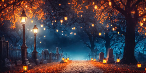 Obraz premium Enchanting Autumn Night in a Cemetery