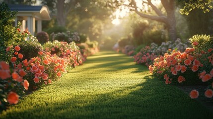 Naklejka premium Sunny garden path lined with vibrant flowers