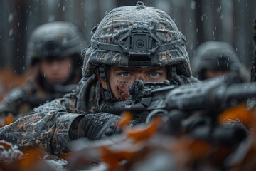 The image depicts a soldier in a snowy forest setting, showcasing intense focus and readiness with a strong posture, emblematic of strength and resilience during the harshest conditions.